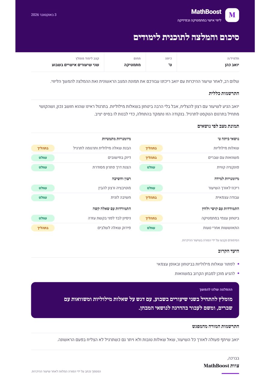 דוגמה למסמך סיכום והמלצה לתוכנית לימודים: תמונת מצב לפי נושאים ומיומנויות, יעד קרוב והמלצה להמשך